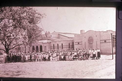 Group portrait in front of Washington School, La Habra