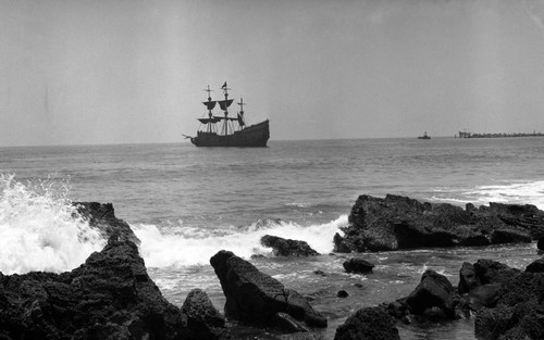 Schooner William C. Irwin, in use as a pirate ship set for the filming of "To Have and to Hold" at Corona del Mar