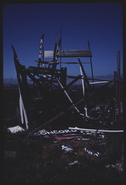 JUL87P04-24: wrecked anti-war sculpture