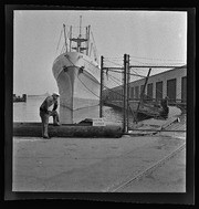 Man in front of ship at dock, California Labor School