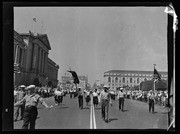 Members of Longshoremen's Union in parade, walking past San Francisco City Hall, California Labor School