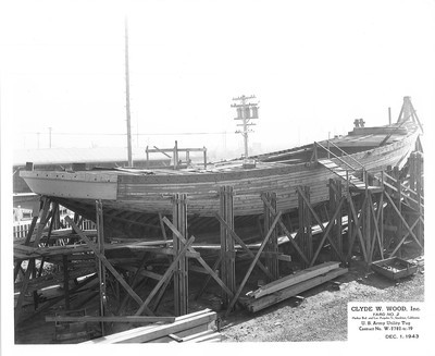 Shipbuilding-Stockton-Clyde W. Wood Inc.- U.S. Army tugboats under construction, views of successive stages of construction, as well as officials and guests at launching of ships, Clyde W. Wood shipbuilding construction, Yard No.2 Harbor Blvd. and Los Angeles St, U.S. Army Utility Tug