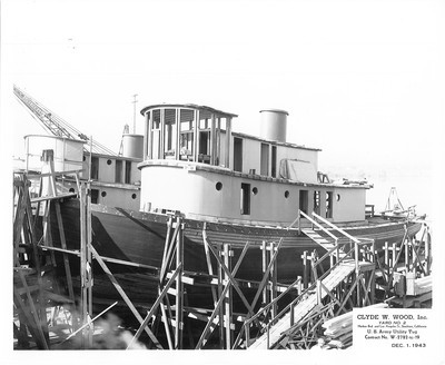 Shipbuilding-Stockton-Clyde W. Wood Inc.- U.S. Army tugboats under construction, views of successive stages of construction, as well as officials and guests at launching of ships, Clyde W. Wood shipbuilding construction, Yard No.2 Harbor Blvd. and Los Angeles St, U.S. Army Utility Tug