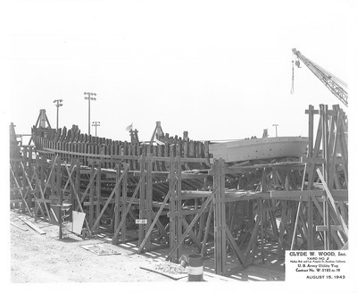 Shipbuilding-Stockton-Clyde W. Wood Inc.- U.S. Army tugboats under construction, views of successive stages of construction, as well as officials and guests at launching of ships, Clyde W. Wood shipbuilding construction, Yard No.2 Harbor Blvd. and Los Angeles St, U.S. Army Utility Tug