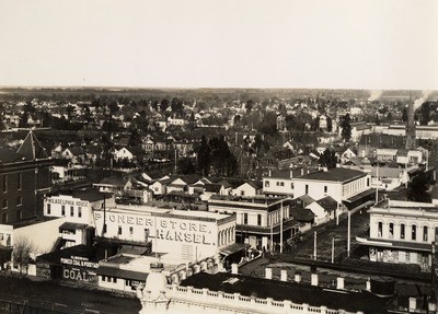 Stockton - Streets - circa 1890s: Hunter St. and Bridge St. Hansel Pioneer Store