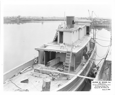 Shipbuilding-Stockton-Clyde W. Wood Inc.- U.S. Army tugboats under construction, views of successive stages of construction, as well as officials and guests at launching of ships, Clyde W. Wood shipbuilding construction, Yard No.2 Harbor Blvd. and Los Angeles St, U.S. Army Utility Tug