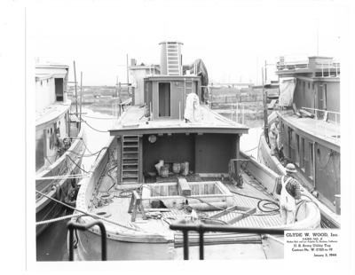 Shipbuilding-Stockton-Clyde W. Wood Inc.- U.S. Army tugboats under construction, views of successive stages of construction, as well as officials and guests at launching of ships, Clyde W. Wood shipbuilding construction, Yard No.2 Harbor Blvd. and Los Angeles St, U.S. Army Utility Tug