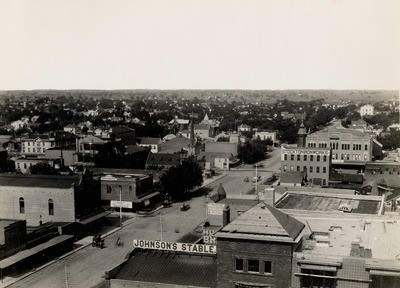 Stockton - Views - 1880 - 1900: Looking northeast from courthouse; Johnson's Stable, Stockton Ironworks