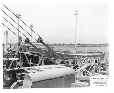 Shipbuilding-Stockton-Clyde W. Wood Inc.- U.S. Army tugboats under construction, views of successive stages of construction, as well as officials and guests at launching of ships, Clyde W. Wood shipbuilding construction, Yard No.2 Harbor Blvd. and Los Angeles St, U.S. Army Utility Tug