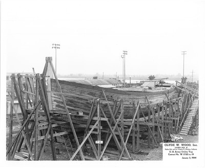 Shipbuilding-Stockton-Clyde W. Wood Inc.- U.S. Army tugboats under construction, views of successive stages of construction, as well as officials and guests at launching of ships, Clyde W. Wood shipbuilding construction, Yard No.2 Harbor Blvd. and Los Angeles St, U.S. Army Utility Tug