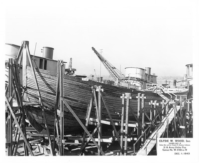 Shipbuilding-Stockton-Clyde W. Wood Inc.- U.S. Army tugboats under construction, views of successive stages of construction, as well as officials and guests at launching of ships, Clyde W. Wood shipbuilding construction, Yard No.2 Harbor Blvd. and Los Angeles St, U.S. Army Utility Tug