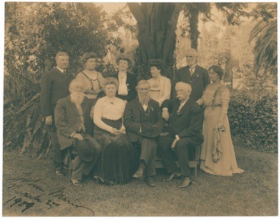 [Frank Logan?], John Burroughs, unidentified, Fay H. Sellers, unidentified, John Muir, unidentified, A. H. Sellers?, Francis Fisher, Browne, unidentified in Southern California