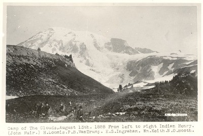 Indian Henry [Soo-Too-Lick], John Muir, H. Loomis, P. B. Van Trump, E. S. Ingraham, William Keith, N. O. Booth at Camp of the Clouds, Mount Rainier, Washington