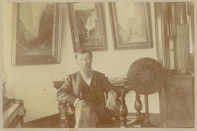 John Muir in Theodore P. Lukens' home, Pasadena, California