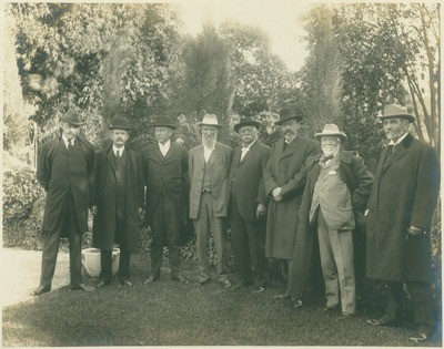 Henry Osborn, George E. Hale, James A. B. Scherer, John Muir, John D. Hooker, Anstruther Davidson, Andrew Carnegie, and James H. McBride in Los Angeles, California
