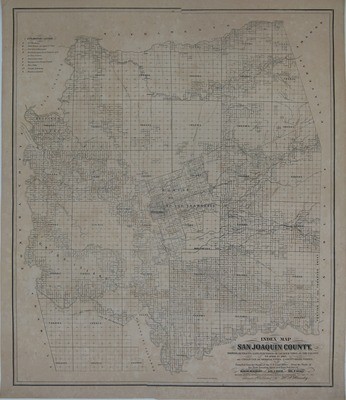 Index Map San Joaquin County. Showing All Tracts of Land, Purchased or Located Upon, In the County to April 1st 1862. and Character of Original Titles also Countyroads, Ferries etc etc Compiled from the Books of the U.S. Land Office from the Books of the State Locating Agent and from Surveys of Duncan Beaumont, George E. Drew, Joseph P. Neall. Original Drawing Approved and Purchased by the Board of Supervisors May 1st, 1862. Drawn and Published by H.P. Handy