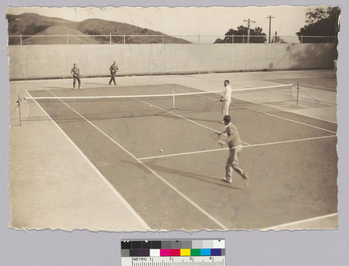 William Randolph Hearst, Sr. playing tennis on his seventy-first birthday