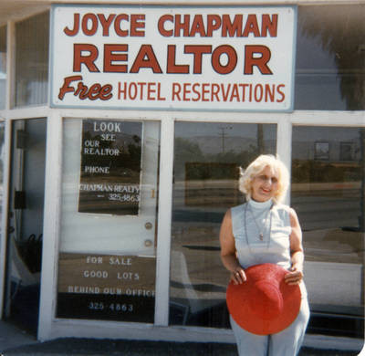 Joyce Chapman outside the Chapman Building, Palm Springs, California, 1960