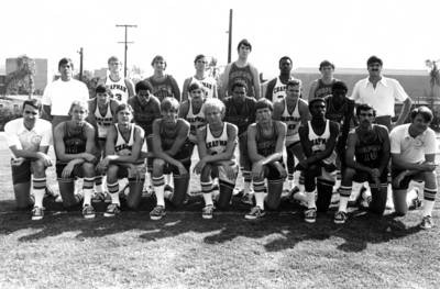 Chapman College basketball team group portrait, Orange, California, 1975