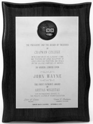 Award presented to John Wayne at the Chapman College Challenge '70 Dinner, Newport Beach, California