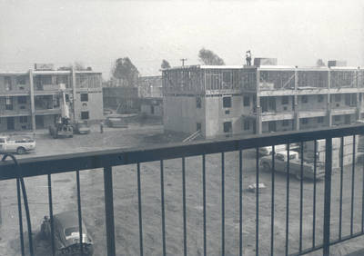 Construction work on Davis Community Center and Apartments, Chapman College, Orange, California