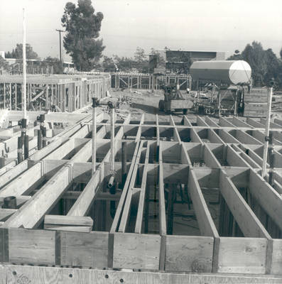 Davis Community Center and Apartments in framing stage, Chapman College, Orange, California