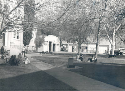 Campus maintenance shop and gasoline pump, Chapman College, Orange, California