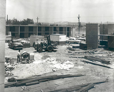 Construction work on Davis Community Center and Apartments, Chapman College, Orange, California