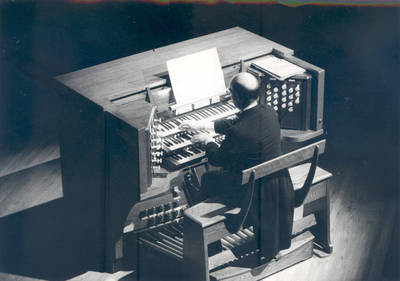 Frederick Swann at Memorial Hall pipe organ, Chapman College, Orange, California