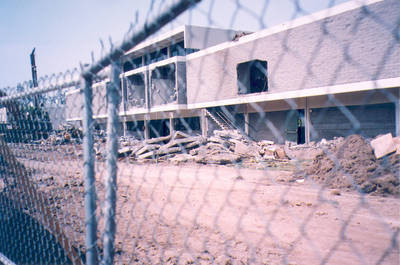 Demolition of the Thurmond Clarke Memorial Library, Chapman College, Orange, California, 2003