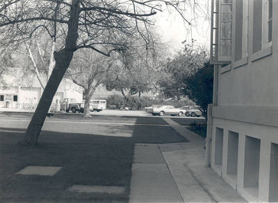 Campus maintenance shop and gasoline pump, Chapman College, Orange, California