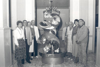 Dedication of sculpture in Memorial Hall lobby, Chapman College, Orange, California