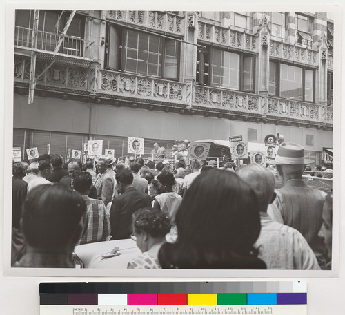 Edmund G. Brown speaking to a crowd of people during campaign for governor