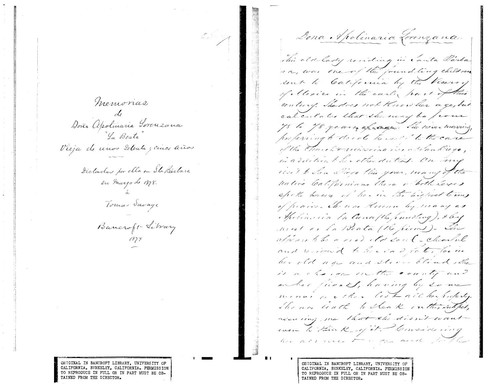 Apolinaria Lorenzana memorias : Sta. Barbara, Calif. : ms., 1878 Mar