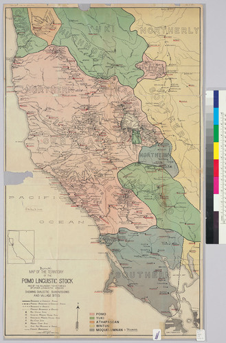 Map of the territory of the Pomo linguistic stock and of the adjacent territories of other linguistic stocks, showing dialectic subdivisions and village sites