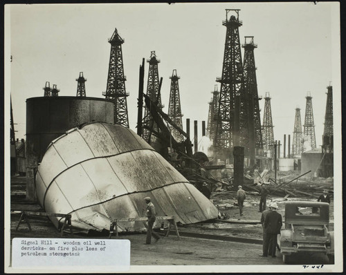 Richfield Oil Refinery explosion and fire, Signal Hill, petroleum storage tank collapsed