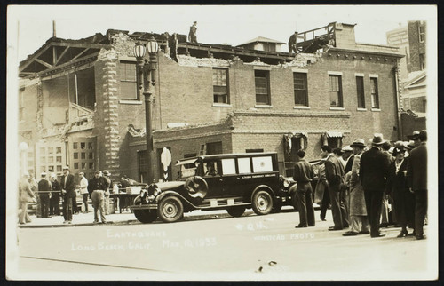 Station No. 1 with an ambulance from Altadena, Calif., damage from the 1933 earthquake