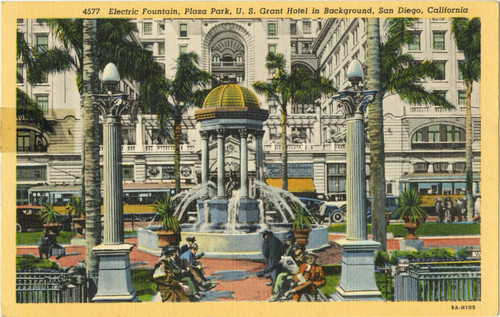 Electric Fountain, Plaza Park, U. S. Grant Hotel in Background, San Diego, California