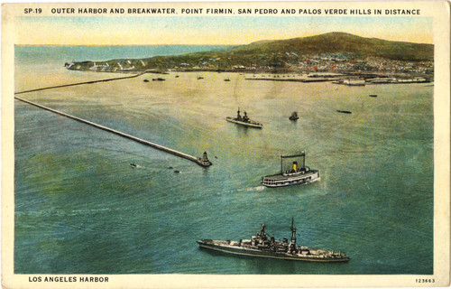 Los Angeles Harbor: Outer Harbor and Breakwater, Point Firmin, San Pedro and Palos Verde Hills in Distance