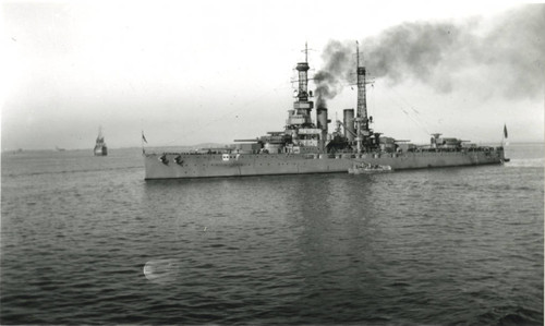 Battleship at anchor, San Pedro Harbor, California