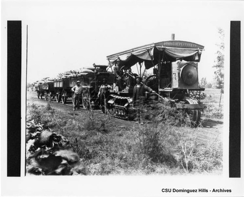 Tractor hauling grain on Rancho San Pedro