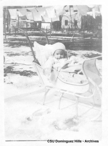 Baby in sled outside in snow