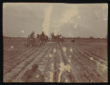 Horse-drawn farm equipment on a ranch field