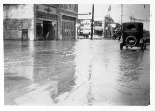 Flooded street and businesses