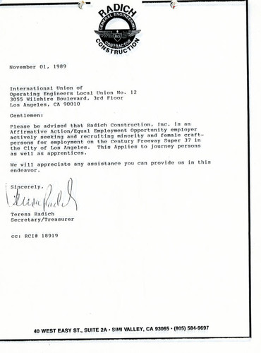 Letter from Radich Construction to the International union of Operating Engineers Local 12