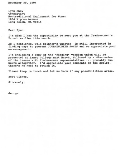 Letter regarding Journeworker Jones script