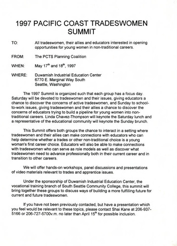 Memorandum for the 1997 Pacific Coast Tradeswomen Summit