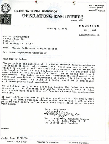 Letter from the International union of Operating Engineers Local 12 to Radich Construction