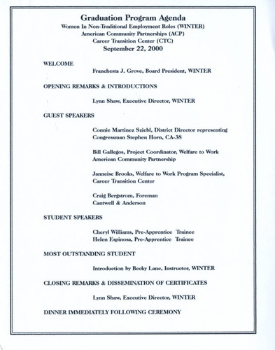 W.I.N.T.E.R., American Community Partnerships (ACP), and Career Transition Center (CTC) graduation program