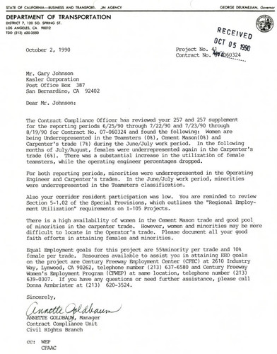 Letter from the Contract Compliance Unit Civil Rights Branch of the Los Angeles Department of Transportation to the Kasler Corporation